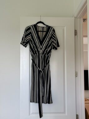 Black & White Striped V-Neck Dress